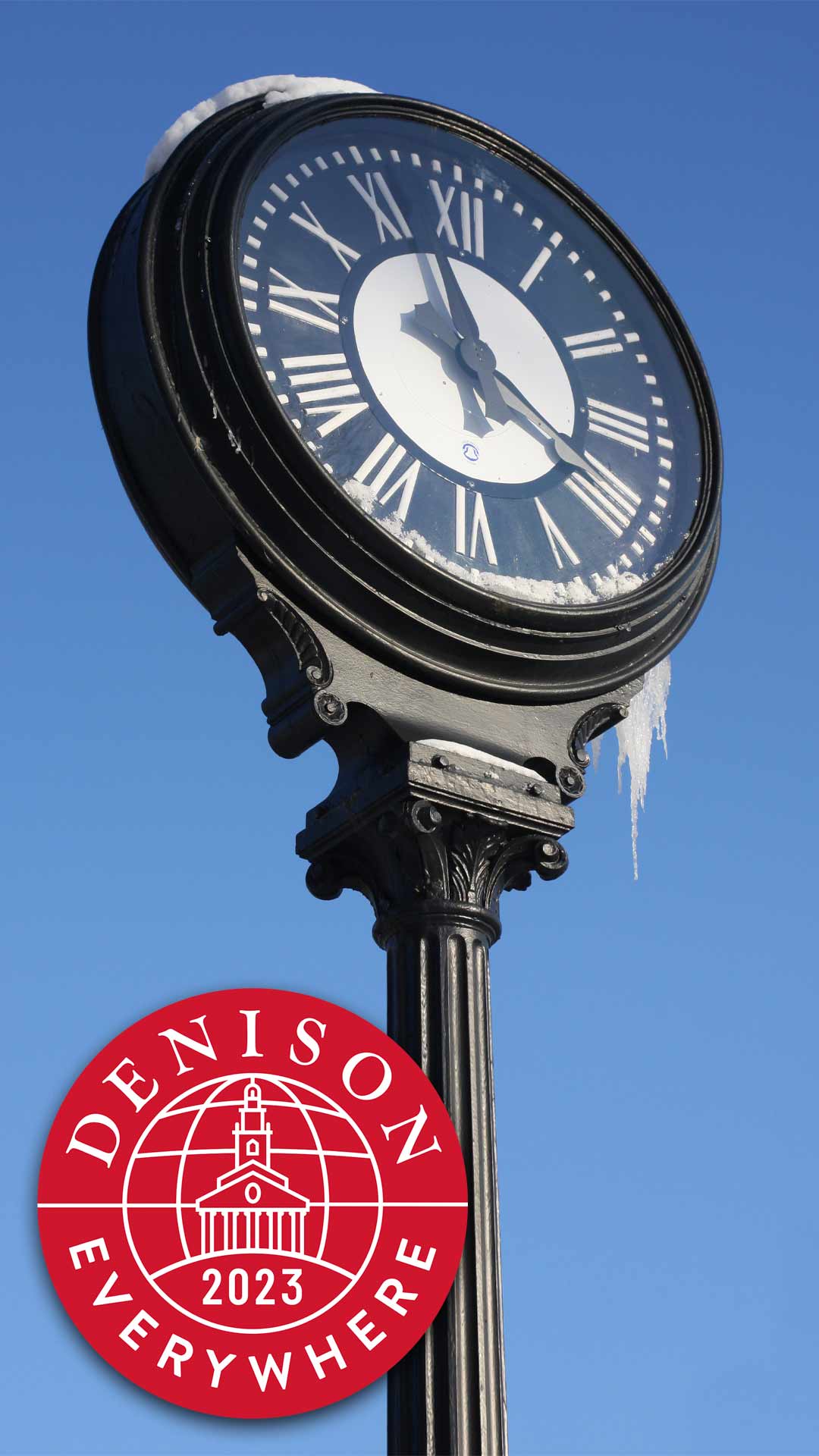 The Denison clock with snow and icicles